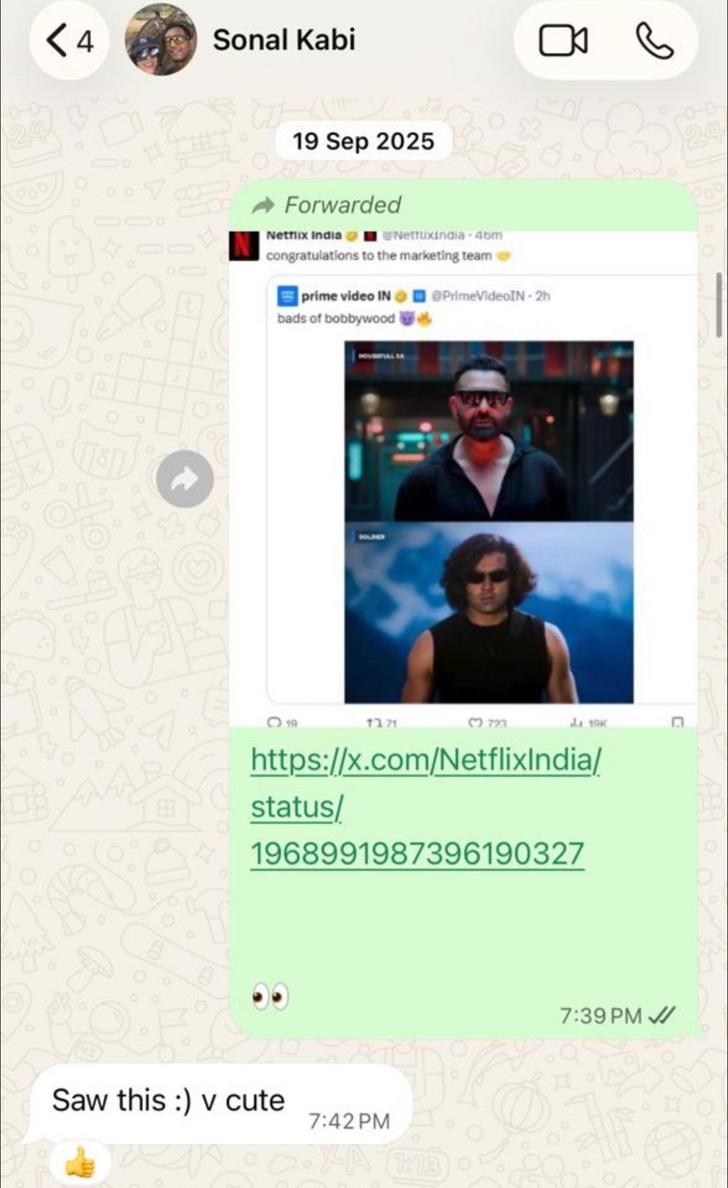 Conversation screenshot shared in Bhavisha's portfolio: Sonal Kabi